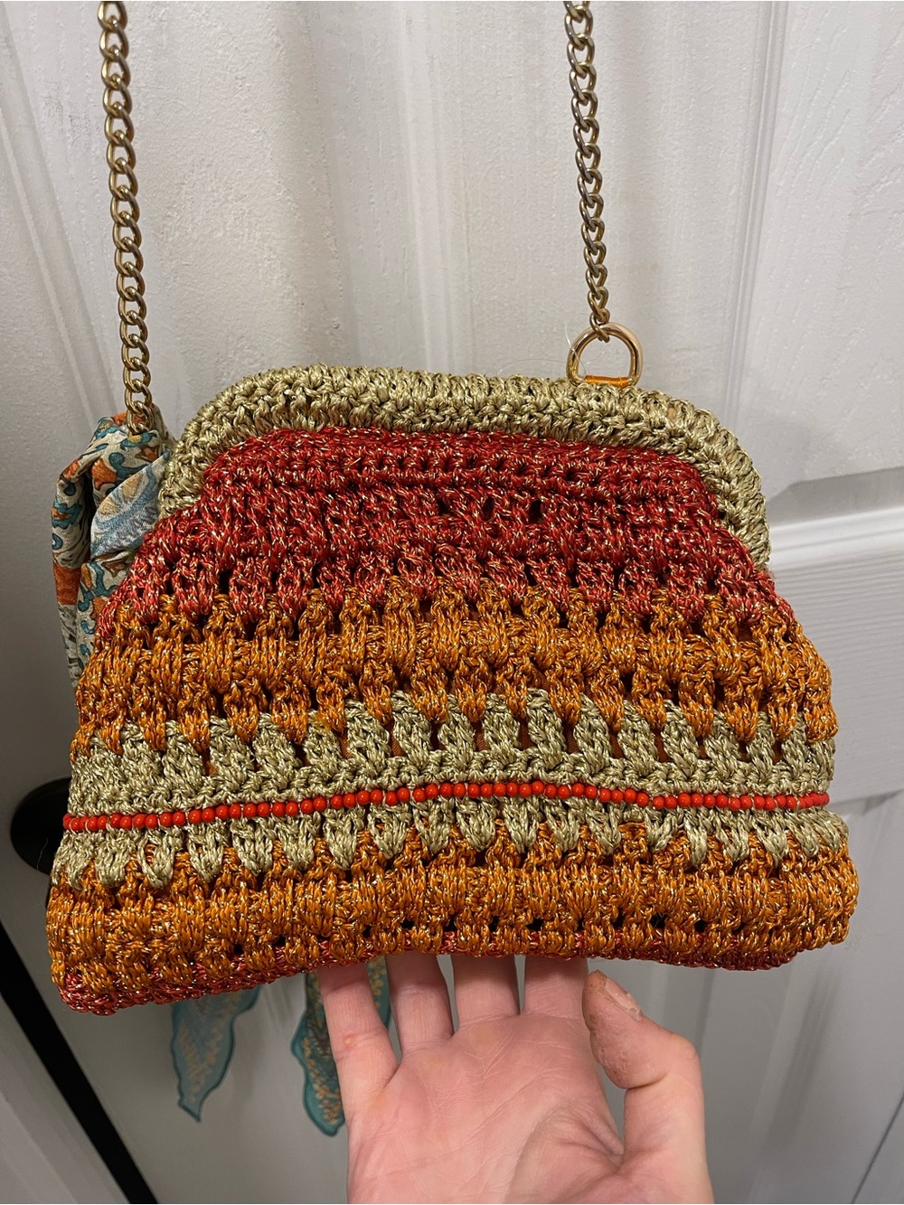 Free People Crocheted Crossbody Bag in Red, Orange, Tan - Picture 12 of 12